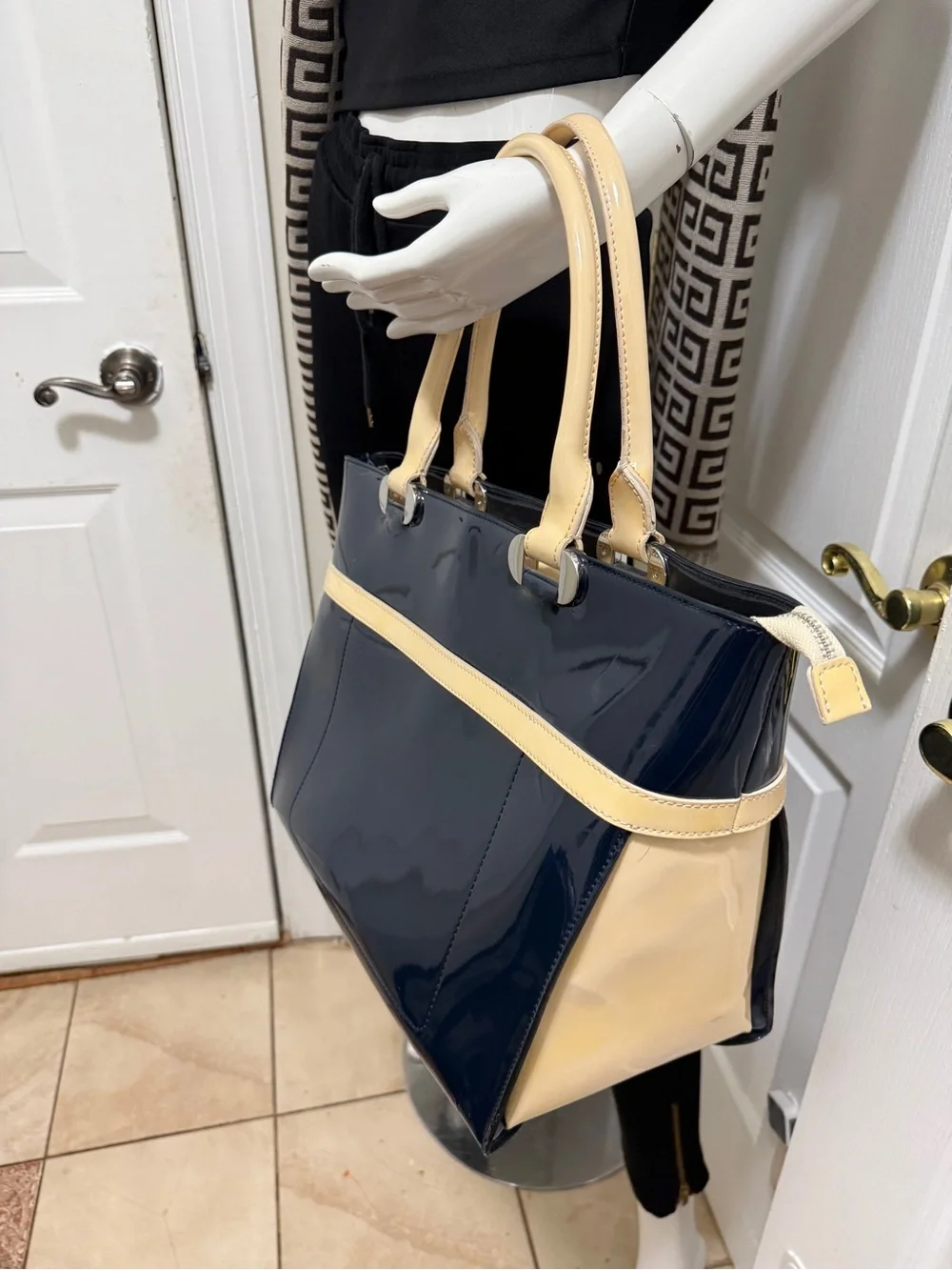 L.K Baanet Italian Patent Navy and Cream Tote Handbag